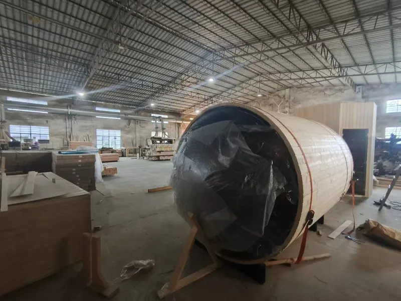Finished barrel sauna wrapped for protection before dispatch