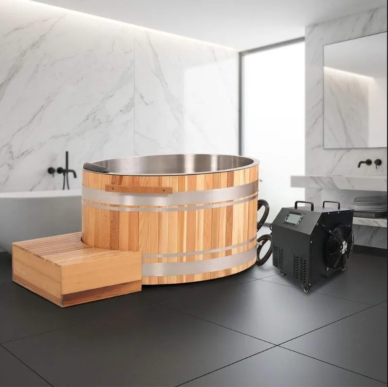 Round western red cedar cold plunge barrel with a stainless steel interior and a separate chiller unit