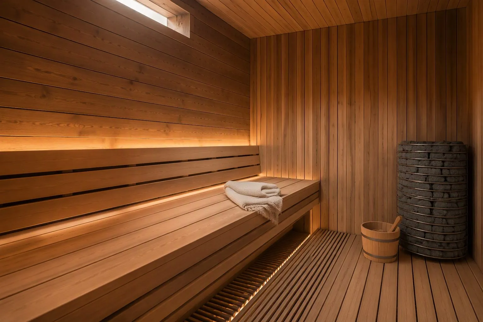 Western red cedar sauna room interior with slatted timber benches