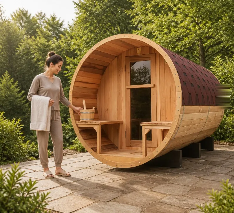 Barrel outdoor sauna with a tiled roof and a glazed end standing on a garden stone terrace