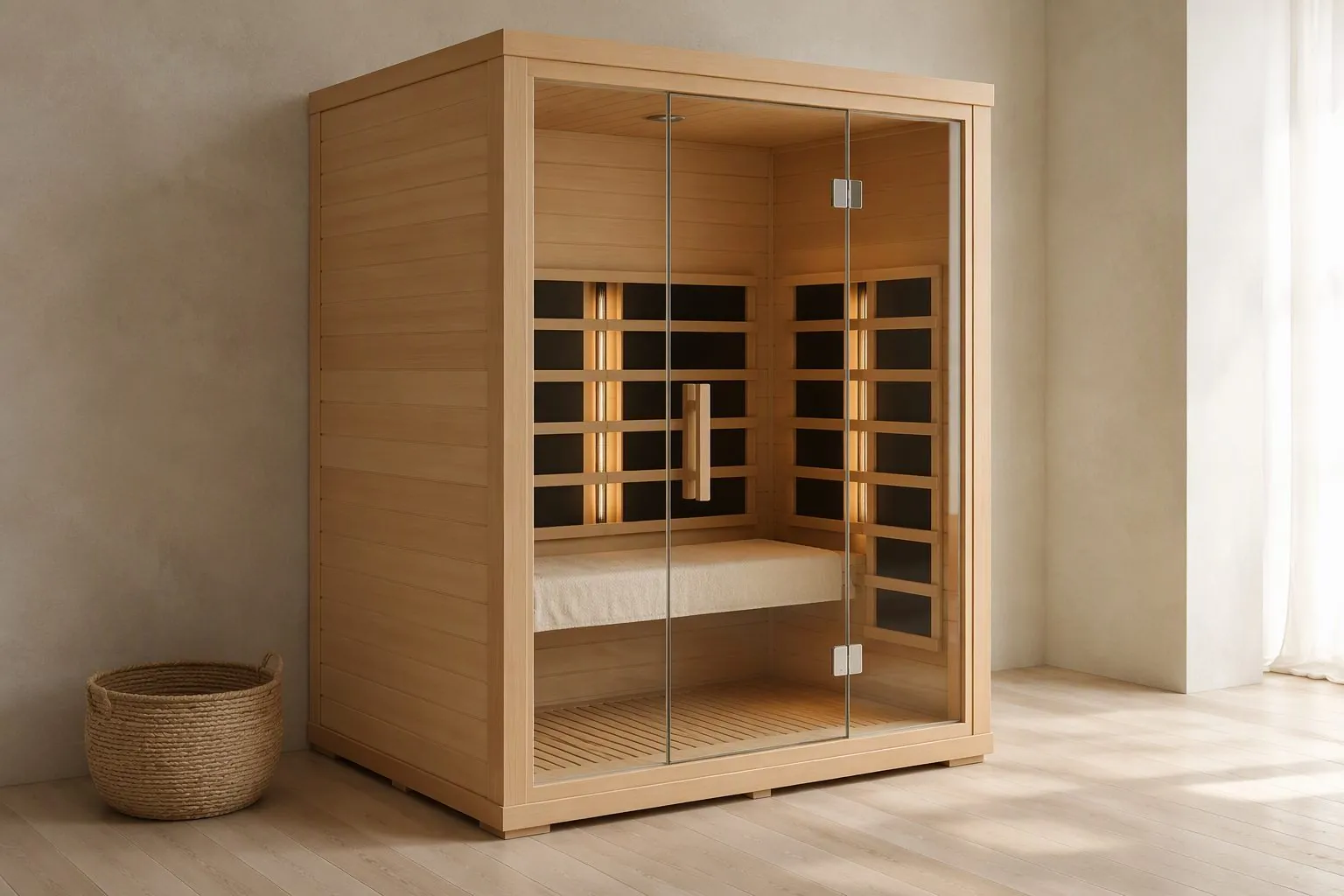Light wave sauna cabin in pale western hemlock timber