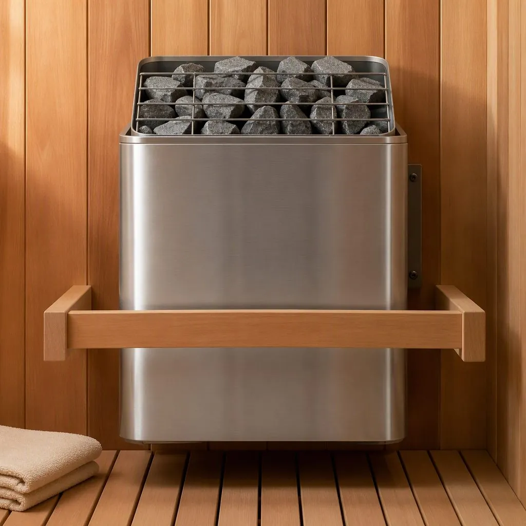 Stainless steel sauna heater topped with a basket of sauna stones