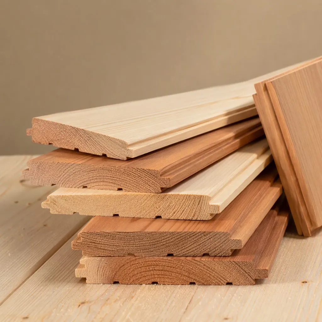 Sauna timber panels stacked and fanned to show milled profiles