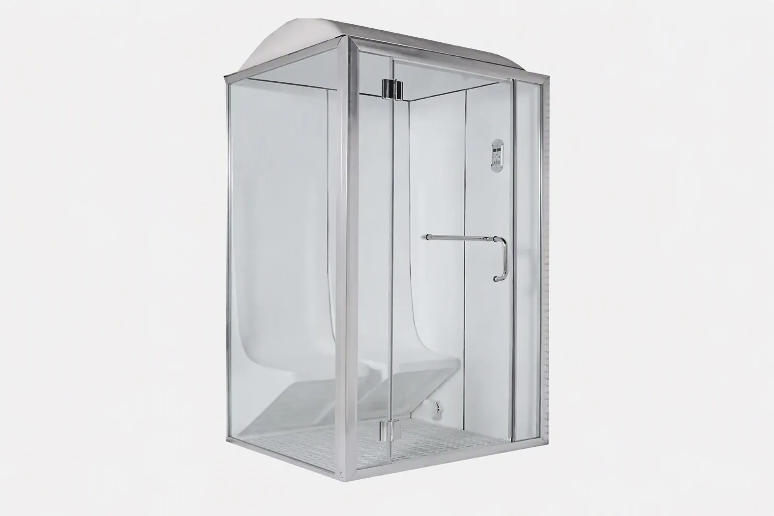 Glass-fronted steam room cabin with an aluminium frame and interior bench