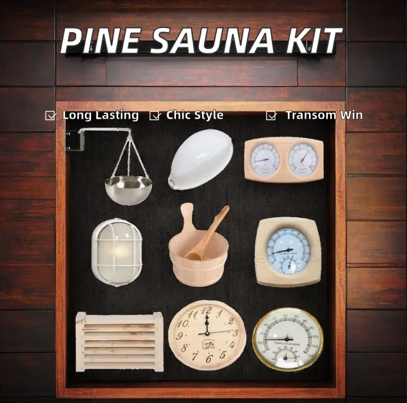 Pine sauna accessory set with a bucket and ladle, headrest, lamp, thermometers and a sand timer