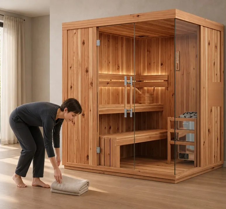 Glass-fronted indoor sauna cabin in knotty pine with two-tier benches, a stone heater and interior lighting